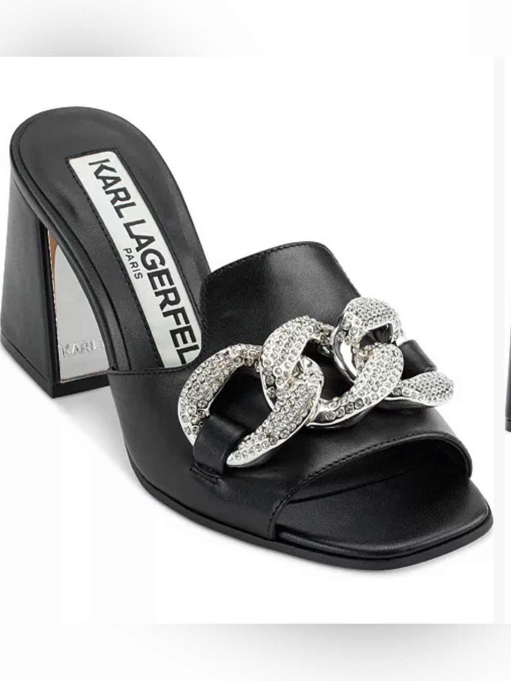 Karl Lagerfeld Paris Sian Rhinestone Chain Mule Sandals 7.5 Black Block Heel